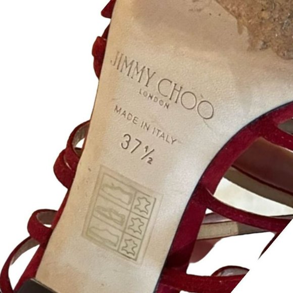 JIMMY CHOO FISCAL SUEDE & PATENT LEATHER STRAPPY STILETTO SANDALS (37.5) - Picture 3 of 8